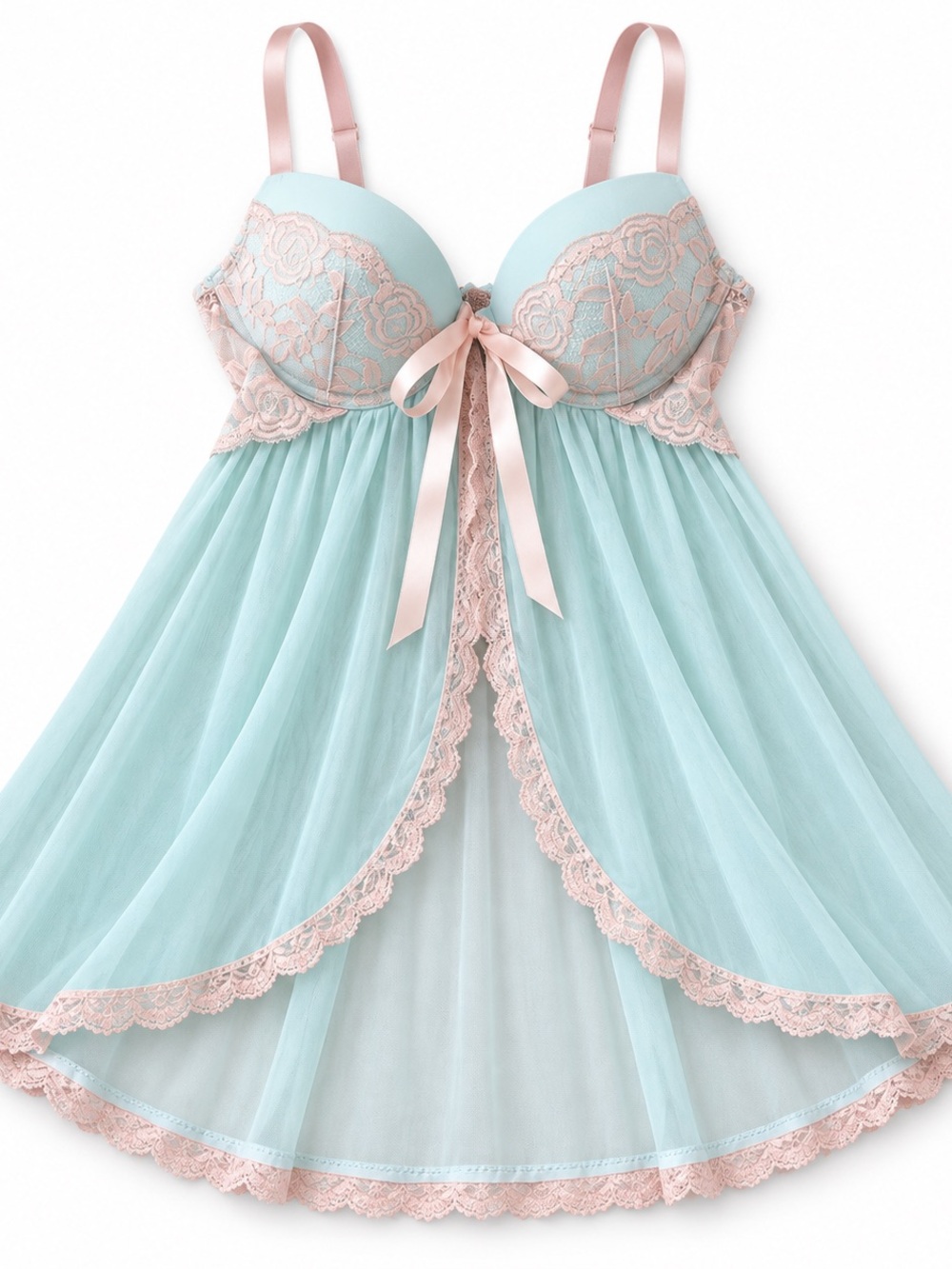 Women’s Sheer Lace Babydoll Nightie - Mint with Blush Trim - NWOT
